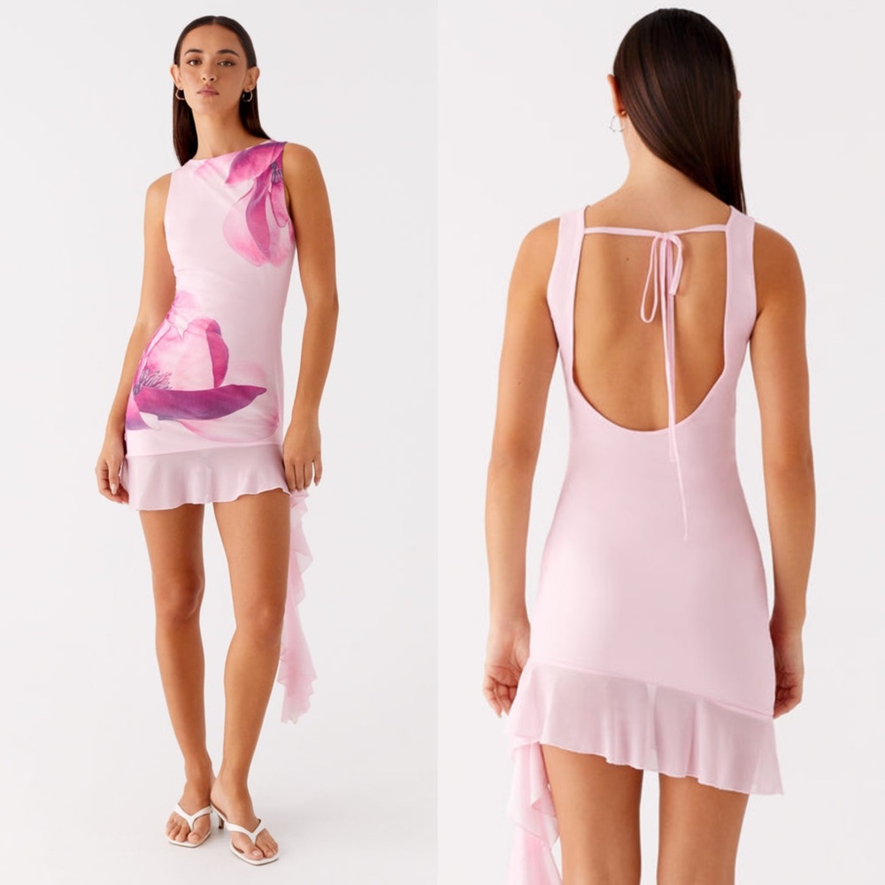 Pink Floral Ruffle Backless Mini Dress